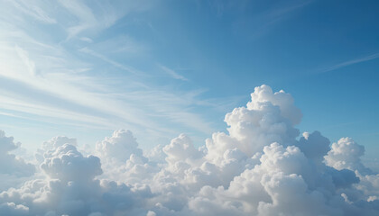 Fluffy clouds in bright blue sky create serene and peaceful atmosphere, perfect for relaxation and daydreaming