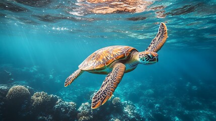 Fototapeta premium Sea Turtle Swimming in Sunlit Coral Reef
