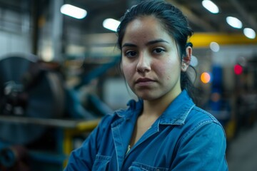 Fototapeta premium Portrait of a young adult Hispanic female assembly line worker