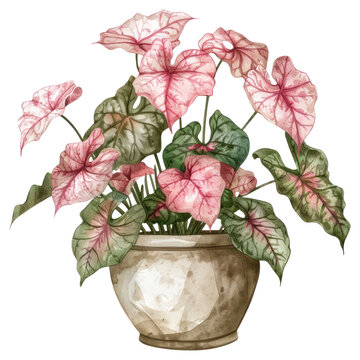watercolor caladium plant in ceramic pot clip art preview