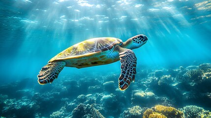 Fototapeta premium Sea Turtle Swimming in Sunlit Coral Reef