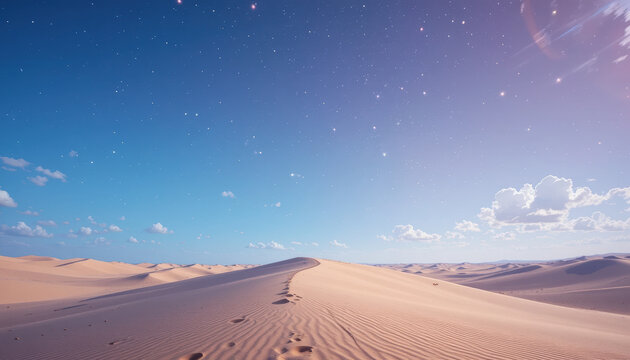 vast desert landscape with rolling sand dunes clear blue sky, dotted with fluffy clouds and starry backdrop