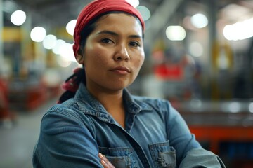Naklejka premium Portrait of a young adult Hispanic female assembly line worker