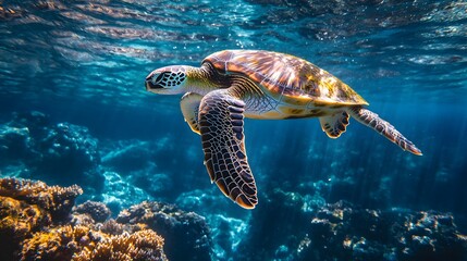 Fototapeta premium Sea Turtle Swimming in Sunlit Coral Reef