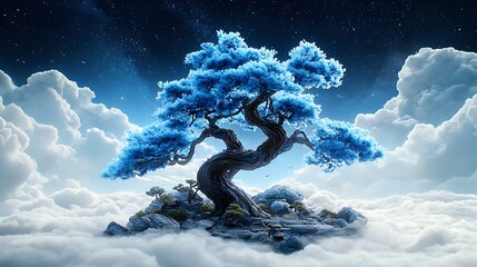Ethereal Blue Bonsai Tree on Cloud Island Under Night Sky