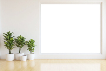 room with two potted plants in front of a window