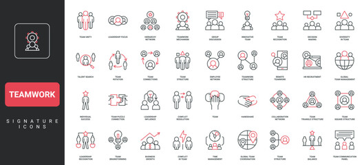 Teamwork communication, organizational department chart, hierarchy scheme line icon set. Leadership and team, group organization, workforce structure thin black and red symbols vector illustration