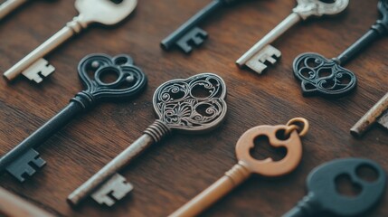 Vintage items in a secondhand market Concept, Vintage Keys with Intricate Designs Laid Out on a Wooden Surface Perfect for Antique Decor and Photography