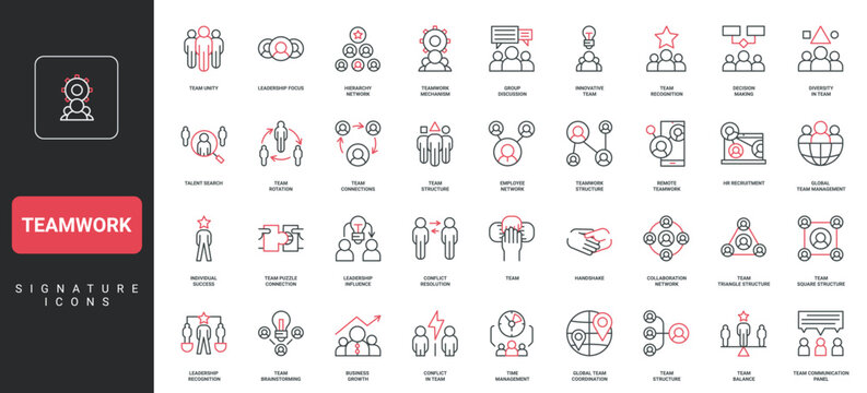 Teamwork communication, organizational department chart, hierarchy scheme line icon set. Leadership and team, group organization, workforce structure thin black and red symbols vector illustration