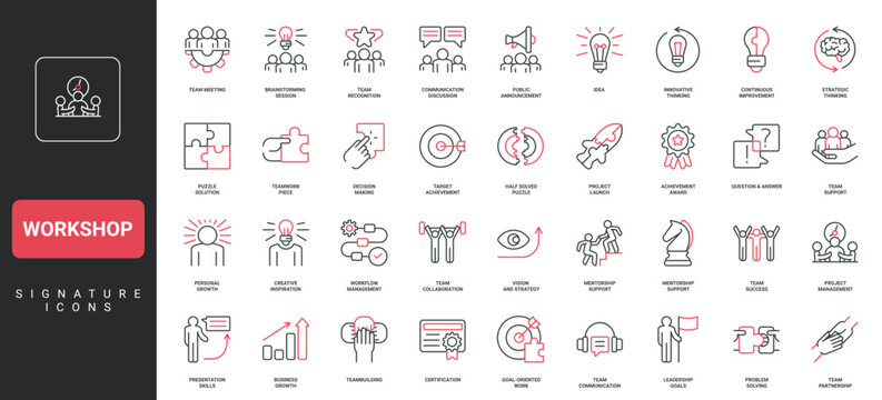 Workshop, team building and problem presentation, brainstorm, gamification line icon set. Problem solving, workflow and project management, strategy to growth thin black and red vector illustration