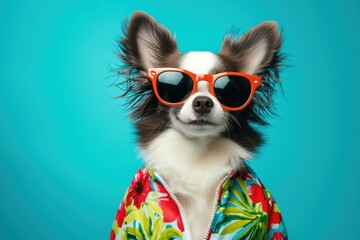 Stylish and Cute Dog in Colorful Summer Jacket with Sunglasses