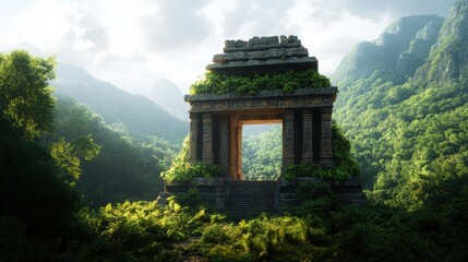 Obraz premium Photorealistic ancient stone temple overgrown with lush vegetation in a mountainous jungle landscape, showcasing nature's reclaiming of history, 3-giixel