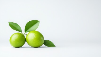 Obraz premium Fresh green limes with leaves on a minimalist backdrop