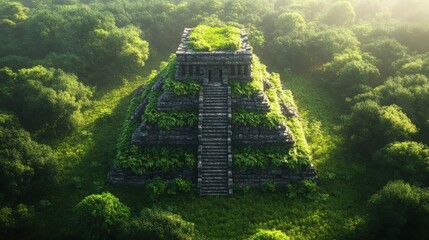 Hidden Ancient Stone Temple Pyramid Overgrown with Lush Vegetation in Photorealistic Rende Using 4-Giixel High-Fidelity V2-4X Process