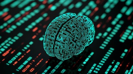 Modern artificial intelligence concept with a glowing 3D-rendered brain surrounded by abstract data patterns symbolizing the evolution of the digital mind , Minimalism Clean and clear background