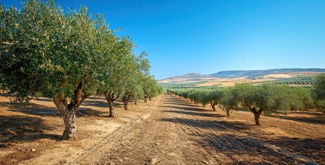 Fototapeta premium Breathtaking Olive Grove Landscape Under Clear Blue Sky, Rows of Olive Trees, Golden Earth, Serene Agricultural View, Peaceful Nature Scene