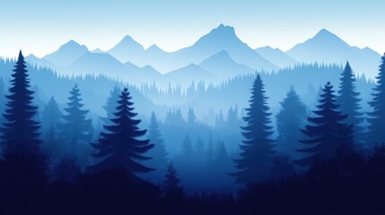 Fototapeta premium Serene Blue Mountain Landscape with Silhouetted Pine Trees