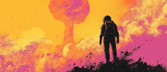 Fototapeta premium Astronaut watches a vibrant nuclear explosion bloom.