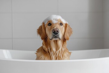 Golden retriever dog sitting in a white bathtub with foam on its head, wet fur, and a serious expression, white tiled wall background