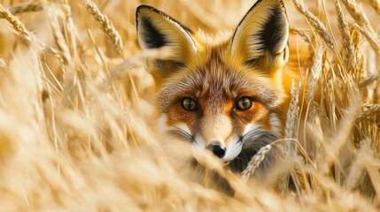 Obraz premium A red fox peeking through wheat.