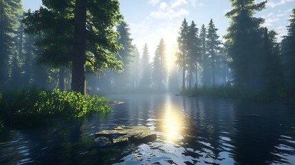 Fototapeta premium Vibrant green trees in the North Woods with misty morning light high resolution wallpaper