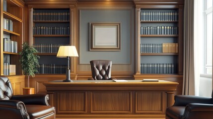 Classic wooden office interior with leather chairs, bookshelves, and empty frame.  Possible use Stock photo for business, home decor, or interior design