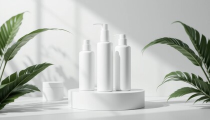 Sleek White Cosmetic Bottles Displayed on Minimalistic Pedestal in Soft Lighting for Modern Branding