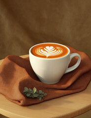  Realistic Coffee Photography – Cup of Latte with Art on Wooden Table, Centered Composition, Green Leaf Accent, Barista-Style Foam Design, High-Resolution, Warm