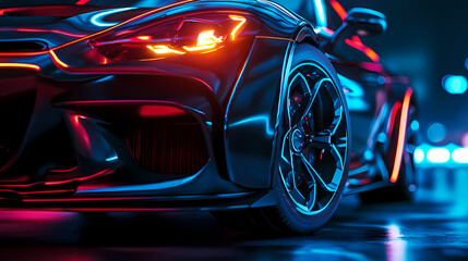 Neon Lit Luxury: A sleek, futuristic car, bathed in vibrant neon lights, its design reflecting the cutting edge of automotive innovation, exuding speed and style in a dynamic urban setting. 