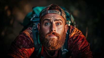 Close-up of Adventurous Man with Beard in Nature Setting