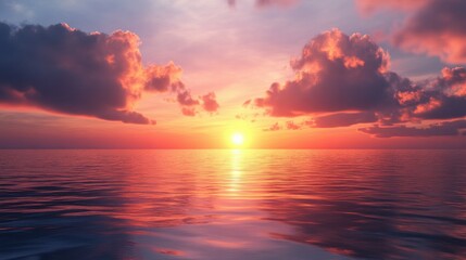 Obraz premium Tranquil ocean sunset with vibrant clouds and reflective water.