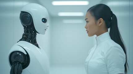 Close-up of a young woman and a robot standing face to face, their expressions reflecting curiosity and understanding of human-robot relationships , Minimalism Clean and clear background color, high