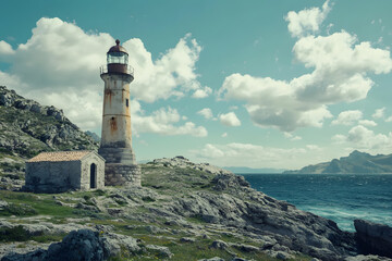 Old lighthouse standing tall on a rocky shore, symbolizing maritime heritage,cultural heritage protection