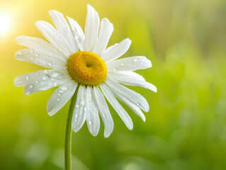 Fototapeta premium Single daisy flower glistening with dew drops, on blurred green background. Concept of tranquility and beauty in nature. Copy space. Close-up