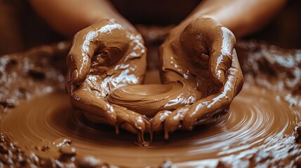 Close-up of hands shaping clay on a pottery wheel.