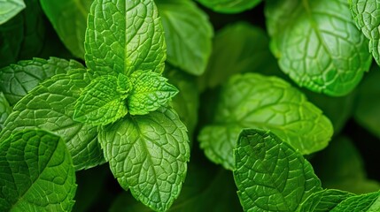 Fresh green mint leaves close-up view