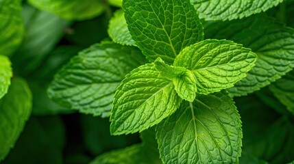 Fototapeta na wymiar Fresh green mint leaves in natural setting