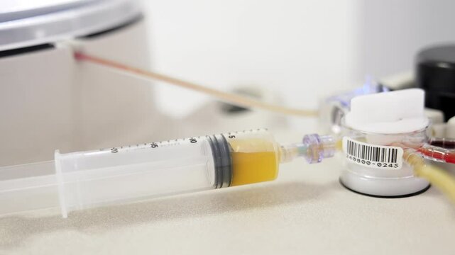 Yellow plasma separated from blood filling the syringe. Close up. Equipment preparing concentrate for prp therapy.