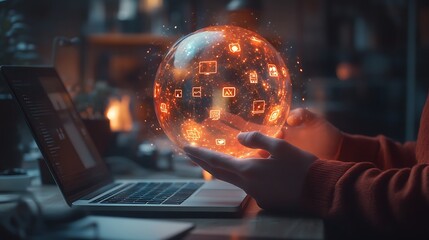 Global Connectivity with Smartphone and Laptop, A person using a smartphone and laptop with a digital globe hologram representing global connectivity