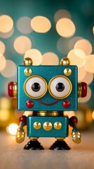 Friendly Teal Glitter Robot Toy with Festive Bokeh Lights