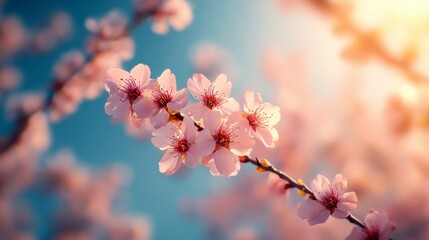 Cherry Blossoms Under a Clear Sky, Low-angle view showcasing blooming cherry trees with sunlight filtering through branches, evoking freshness and elegance.