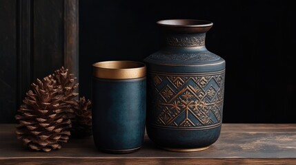 Dark Teal and Gold Decorated Vases