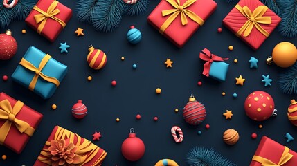 Fototapeta premium Elegant Christmas holiday with presents and ornaments on dark background