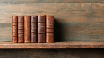 Vintage items in a secondhand market Concept, Vintage Collection of Old Leather Bound Atlases with Worn Spines Displayed on Rustic Wooden Shelf