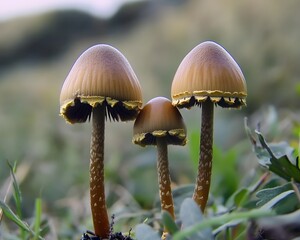 Three Brown Mushrooms in Grass Close Up