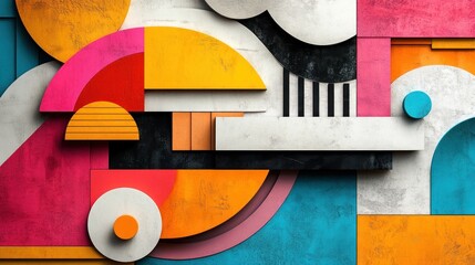 Colorful geometric shapes layered abstract wall art