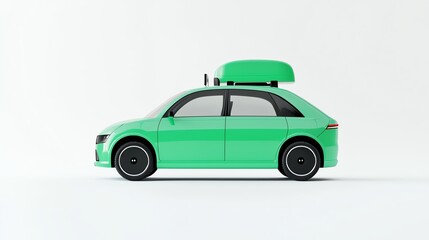 A sleek green car with a rooftop carrier, featuring a modern design and stylish wheels, isolated against a clean white background for emphasis.