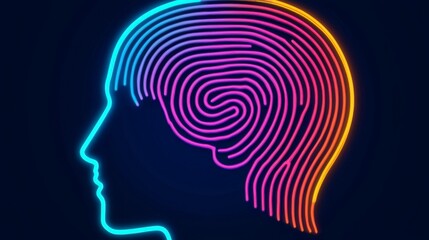 Futuristic digital human head outlined in glowing neon contours, resembling fingerprints, representing AI, facial recognition, and metaverse digital identity , Minimalism Clean and clear background