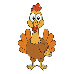 A funny cartoon Thanksgiving turkey with a big smile, wearing a pilgrim hat, and holding a tiny pumpkin, standing on a dinner table ready for the holiday feast.