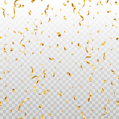 Beautiful celebration party seamless vector pattern with golden falling confetti on transparent background.